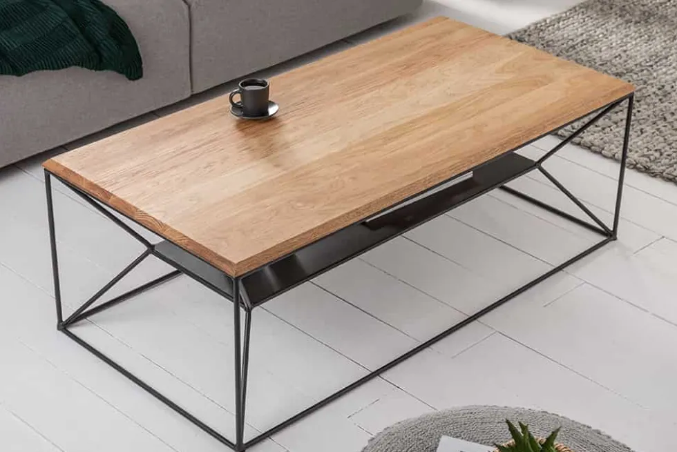 Massivholz Couchtisch ARCHITECTURE 110cm Eiche geölt schwarzes Metallgestell mit Ablage
