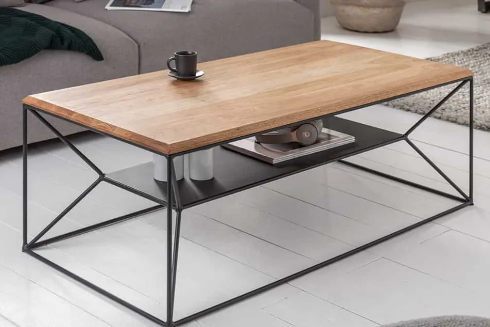 Massivholz Couchtisch ARCHITECTURE 110cm Eiche geölt schwarzes Metallgestell mit Ablage