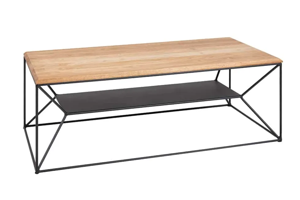 Massivholz Couchtisch ARCHITECTURE 110cm Eiche geölt schwarzes Metallgestell mit Ablage