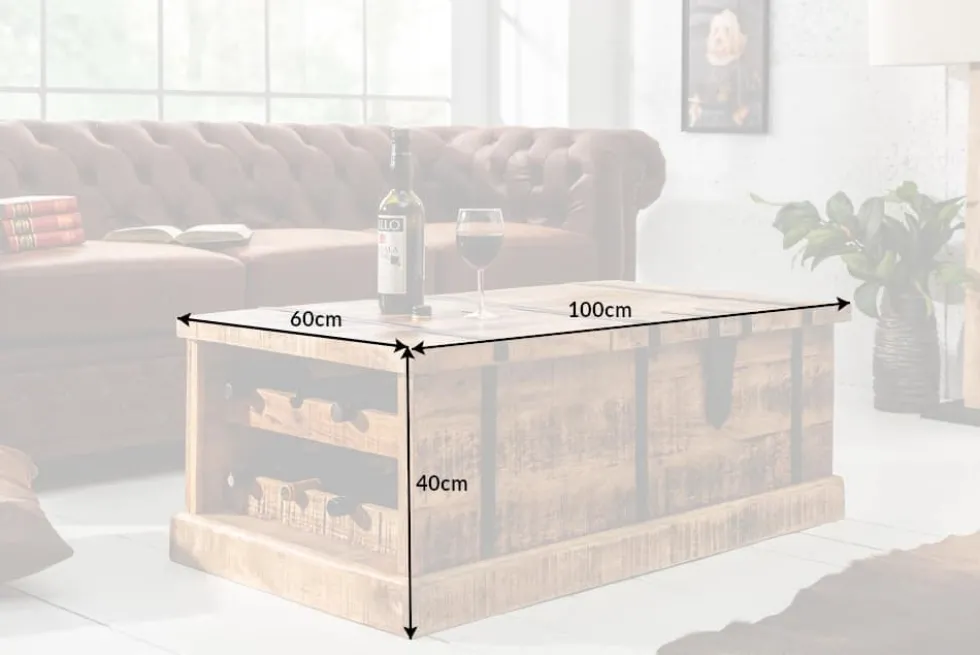 Massivholz Couchtisch BODEGA 100cm Mangoholz Hausbar Truhe mit Stauraum
