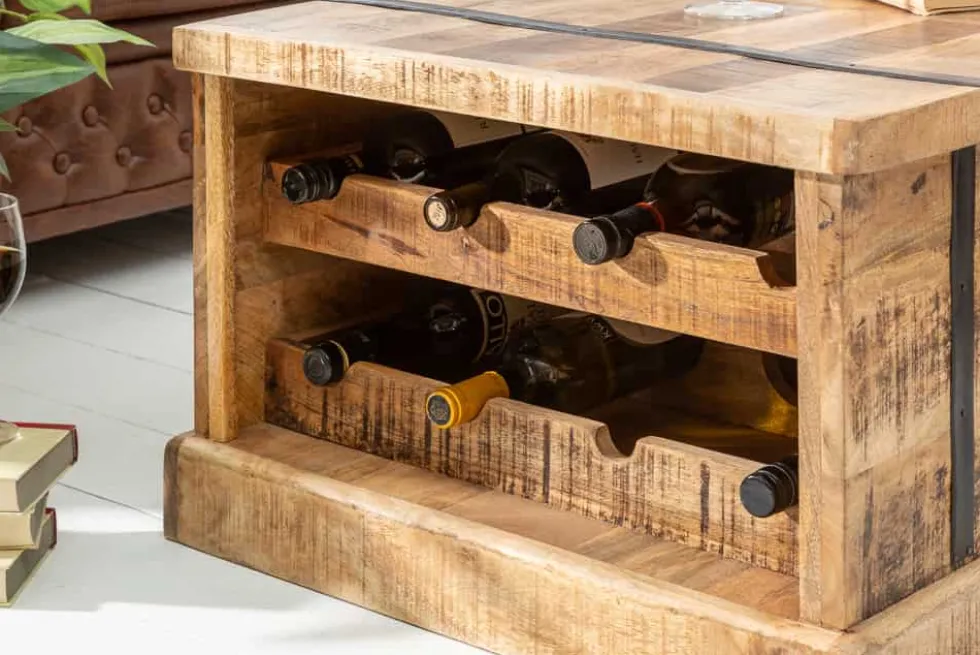 Massivholz Couchtisch BODEGA 100cm Mangoholz Hausbar Truhe mit Stauraum