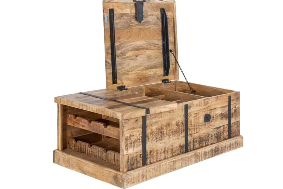Massivholz Couchtisch BODEGA 100cm Mangoholz Hausbar Truhe mit Stauraum