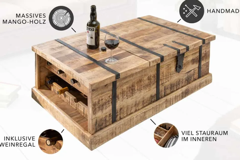 Massivholz Couchtisch BODEGA 100cm Mangoholz Hausbar Truhe mit Stauraum