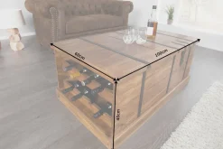 Massivholz Couchtisch BODEGA 100cm braun Sheesham stone finish Truhe Stauraum Weinregal