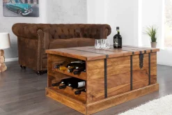 Massivholz Couchtisch BODEGA 100cm braun Sheesham stone finish Truhe Stauraum Weinregal