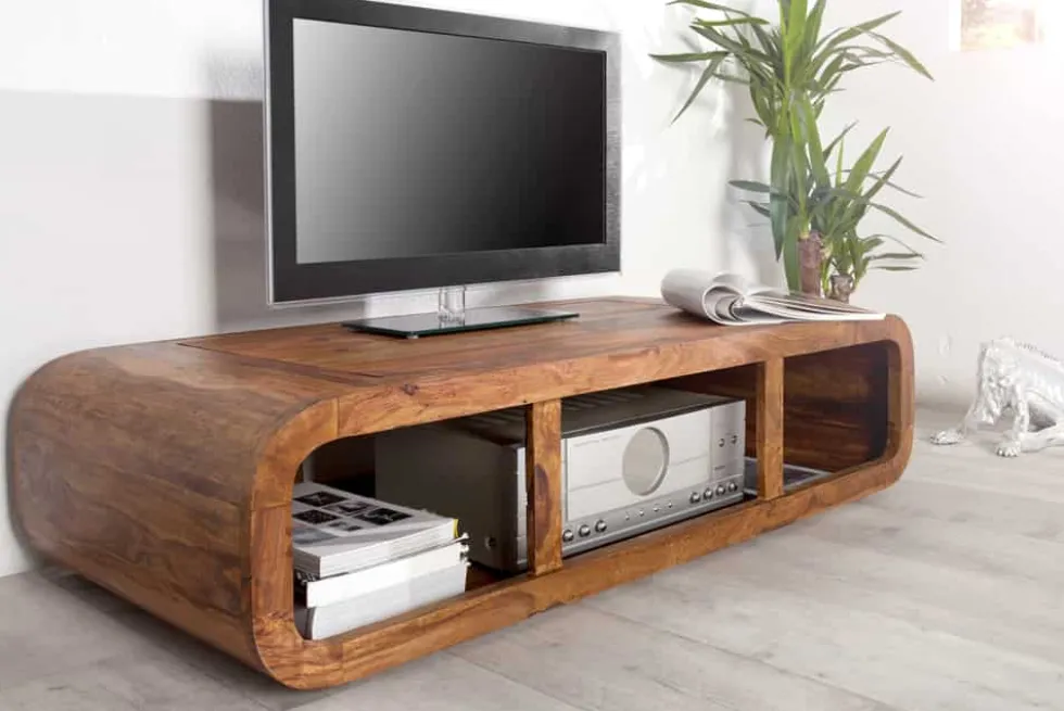 Massivholz Couchtisch CURVED 100cm braun Sheesham stone finish TV-Lowboard Stauraum