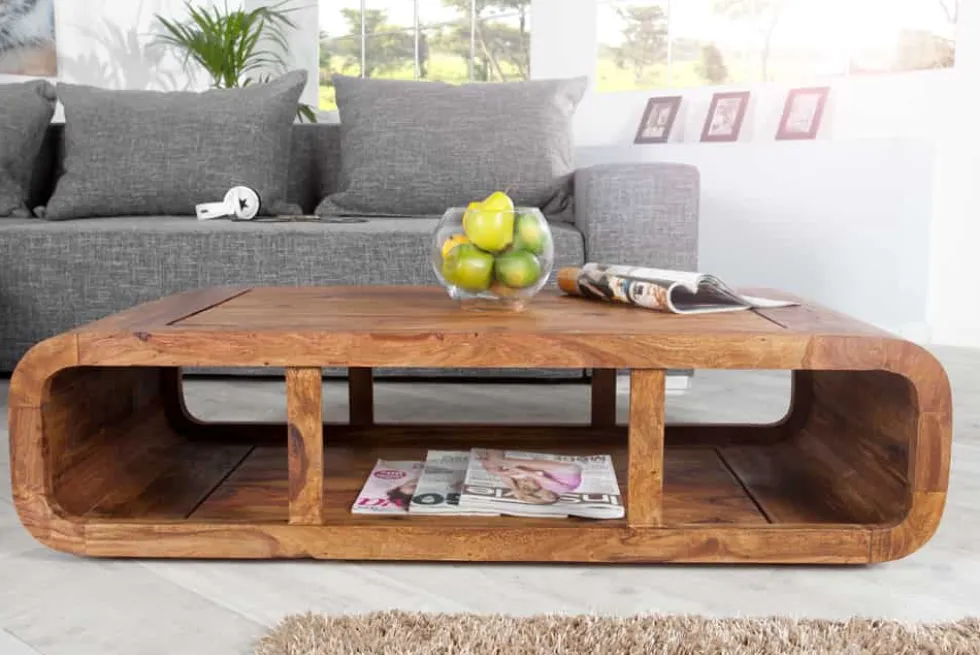 Massivholz Couchtisch CURVED 100cm braun Sheesham stone finish TV-Lowboard Stauraum