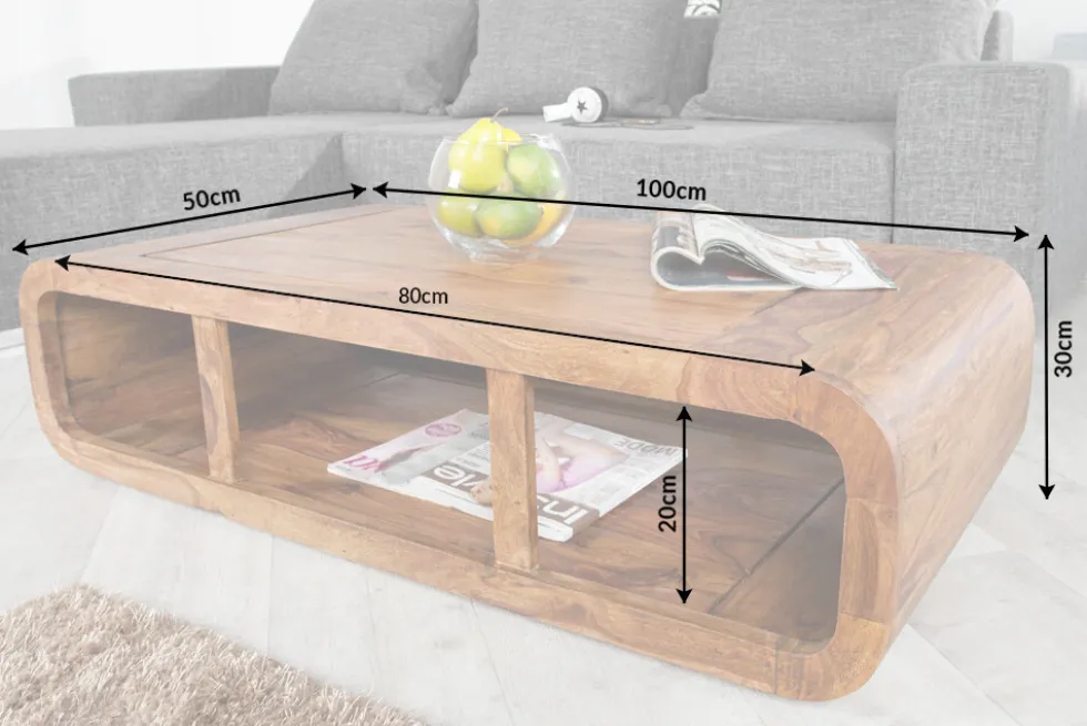 Massivholz Couchtisch CURVED 100cm braun Sheesham stone finish TV-Lowboard Stauraum