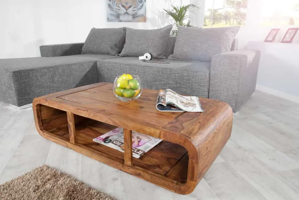 Massivholz Couchtisch CURVED 100cm braun Sheesham stone finish TV-Lowboard Stauraum