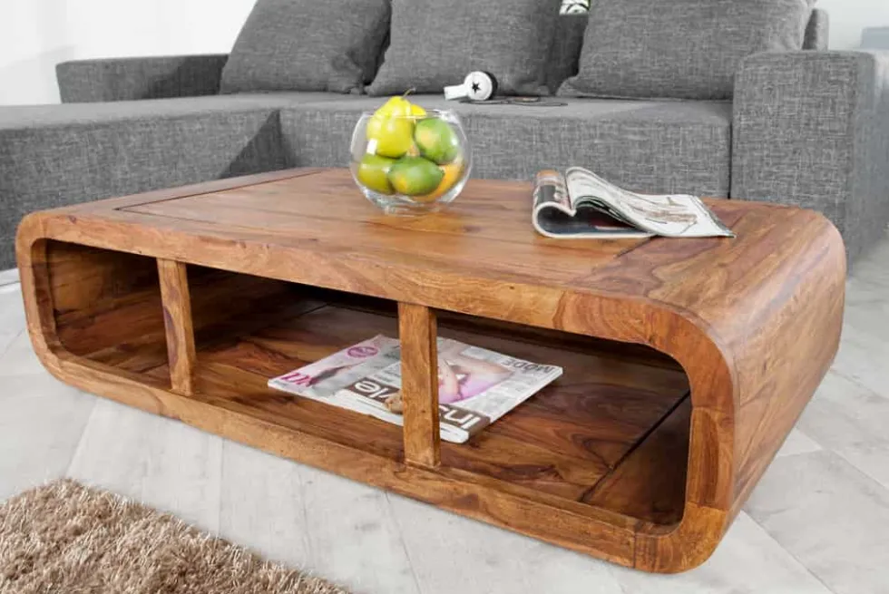 Massivholz Couchtisch CURVED 100cm braun Sheesham stone finish TV-Lowboard Stauraum