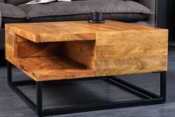 Massivholz Couchtisch GIANT 60cm braun Sheesham stone finish Metall schwarz Ablage