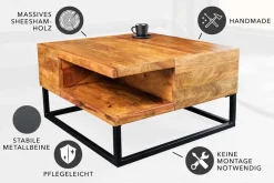 Massivholz Couchtisch GIANT 60cm braun Sheesham stone finish Metall schwarz Ablage