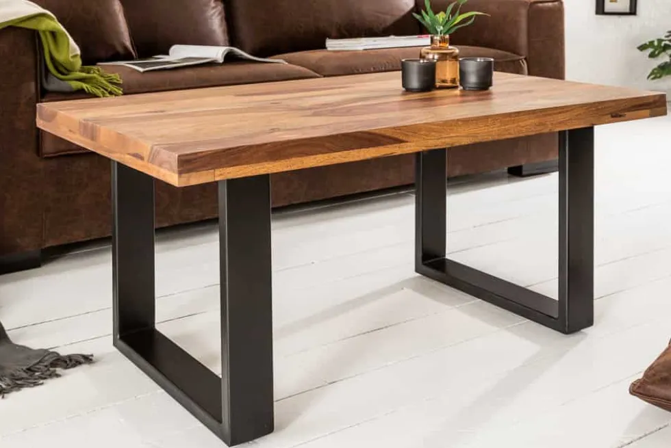 Massivholz Couchtisch IRON CRAFT 100cm braun Sheesham stone finish Industrial Design