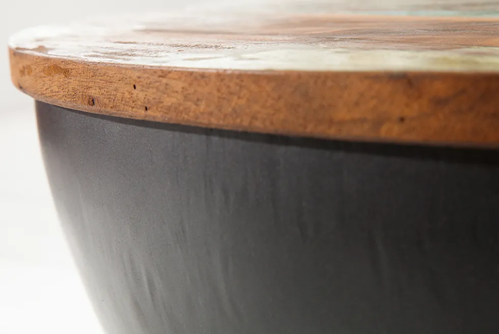 Massivholz Couchtisch JAKARTA 70cm grau rund aus recycelten Fischerbooten