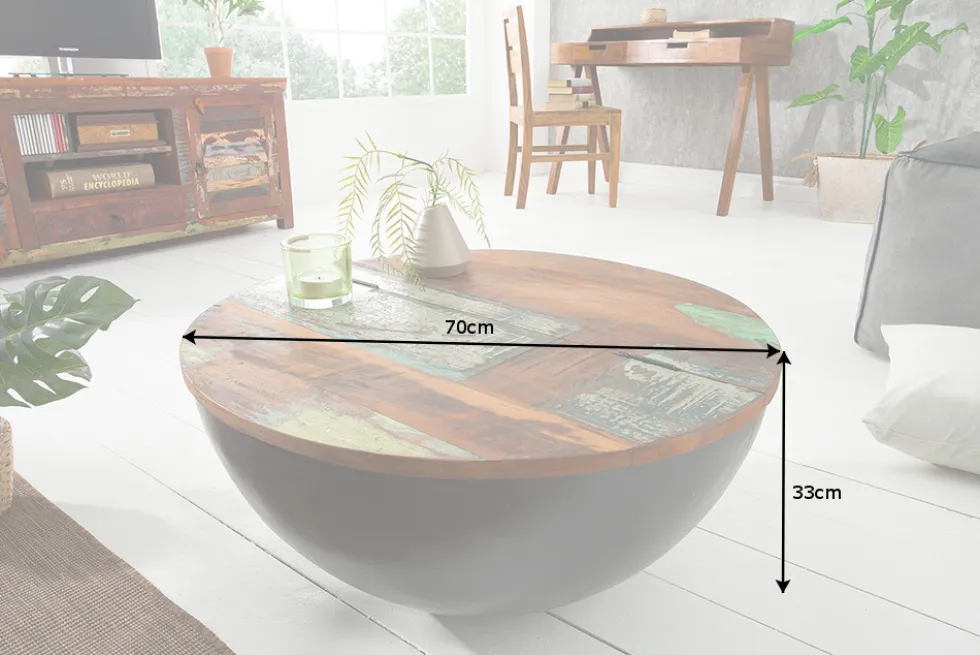 Massivholz Couchtisch JAKARTA 70cm grau rund aus recycelten Fischerbooten