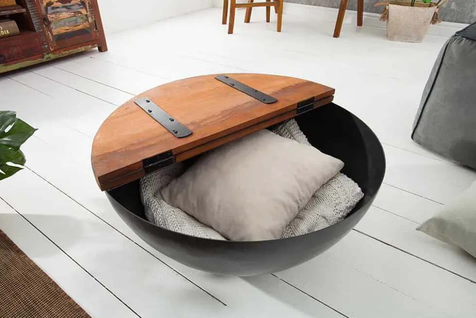 Massivholz Couchtisch JAKARTA 70cm grau rund aus recycelten Fischerbooten