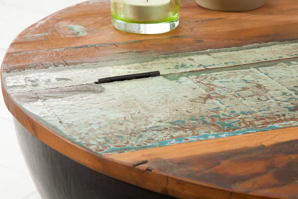 Massivholz Couchtisch JAKARTA 70cm grau rund aus recycelten Fischerbooten