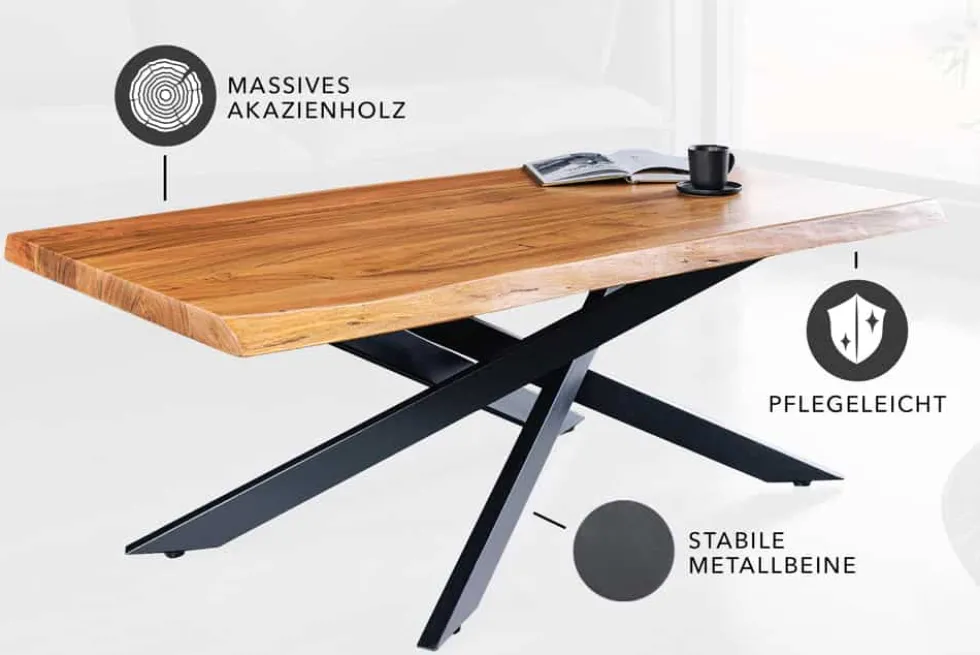 Massivholz Couchtisch MAMMUT 110cm Akazie schwarz 3,5cm Tischplatte Baumkante