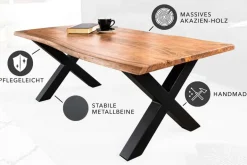 Massivholz Couchtisch MAMMUT 120cm Akazie Honey Finish X-Gestell schwarz 2,5cm Tischplatte