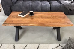 Massivholz Couchtisch MAMMUT 120cm Akazie Honey Finish X-Gestell schwarz 2,5cm Tischplatte
