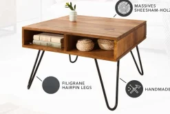 Massivholz Couchtisch SCORPION 60cm braun Sheesham stone finish Stauraum Hairpin Legs