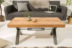 Massivholz Couchtisch THOR 110cm Wildeiche geölt X-Gestell Metall anthrazit Industrial Design