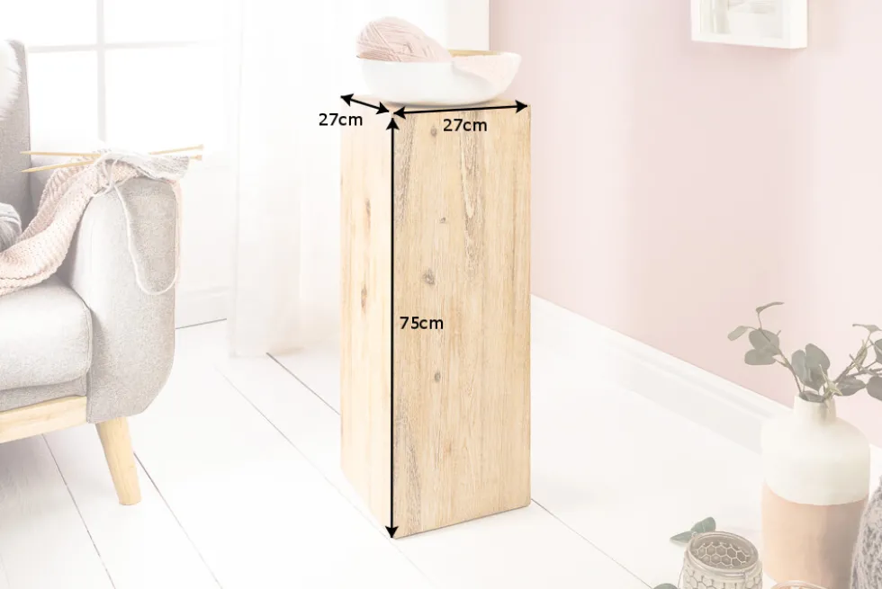Massivholz Dekosäule COLUMNA 75cm Akazie teakgrau gekälkt Beistelltisch