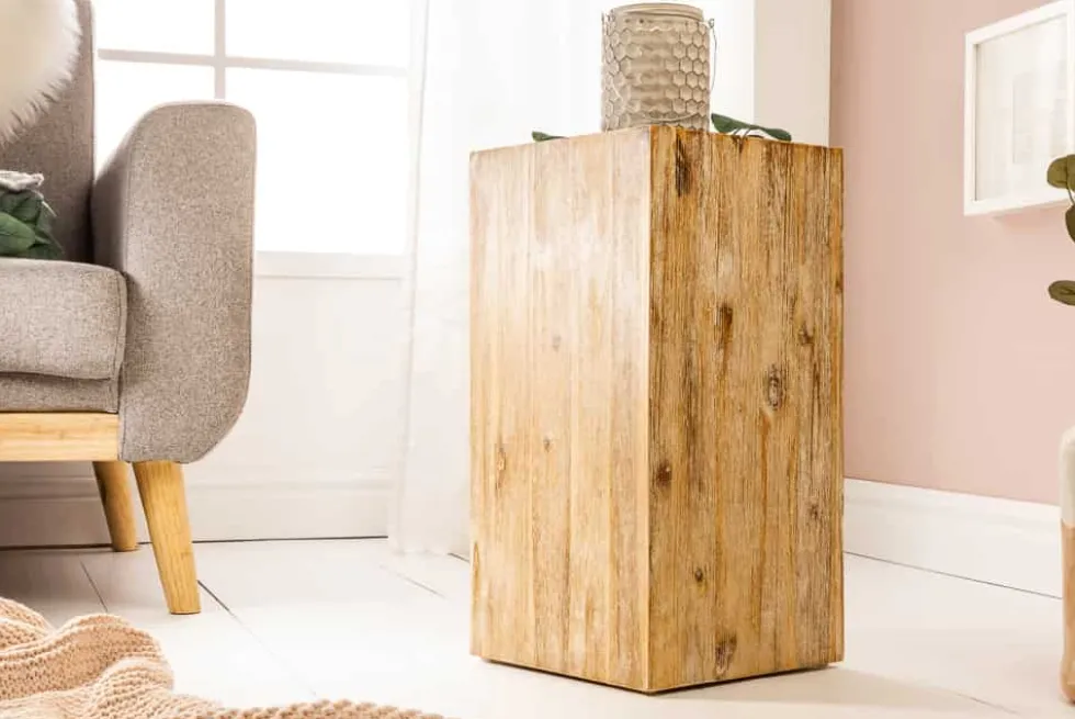 Massivholz Dekosäule COLUMNA 50cm Akazie teak-grau gekälkt Beistelltisch