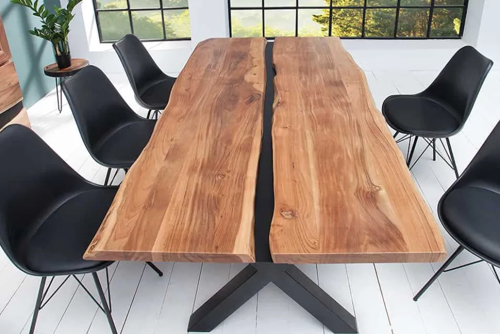 Massivholz Esstisch AMAZONAS 200cm natur Akazie Metall X-Gestell schwarz Baumkante