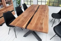Massivholz Esstisch AMAZONAS 200cm natur Akazie Metall X-Gestell schwarz Baumkante