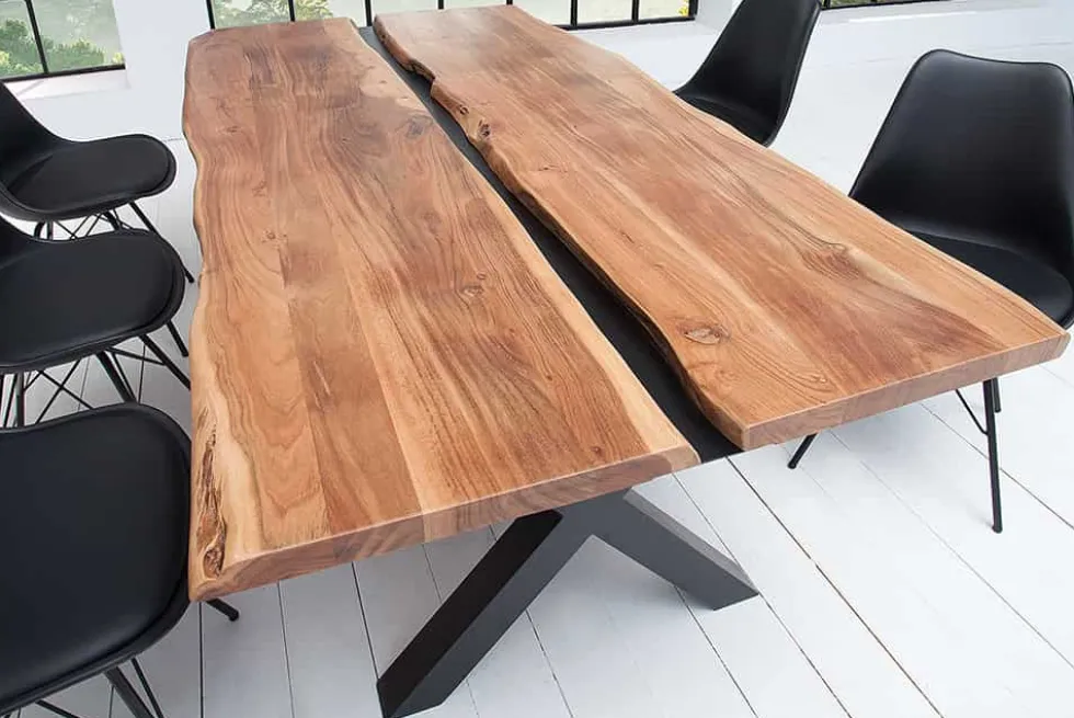 Massivholz Esstisch AMAZONAS 200cm natur Akazie Metall X-Gestell schwarz Baumkante