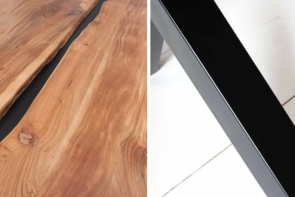 Massivholz Esstisch AMAZONAS 200cm natur Akazie Metall X-Gestell schwarz Baumkante