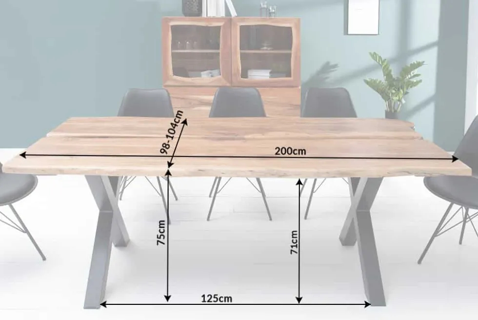Massivholz Esstisch AMAZONAS 200cm natur Akazie Metall X-Gestell schwarz Baumkante