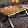 Massivholz Esstisch BARRACUDA 220cm natur Teak schwarz Metall X-Gestell inkl. Glasplatte