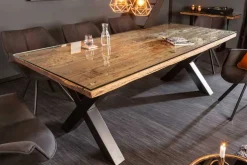 Massivholz Esstisch BARRACUDA 220cm natur Teak schwarz Metall X-Gestell inkl. Glasplatte