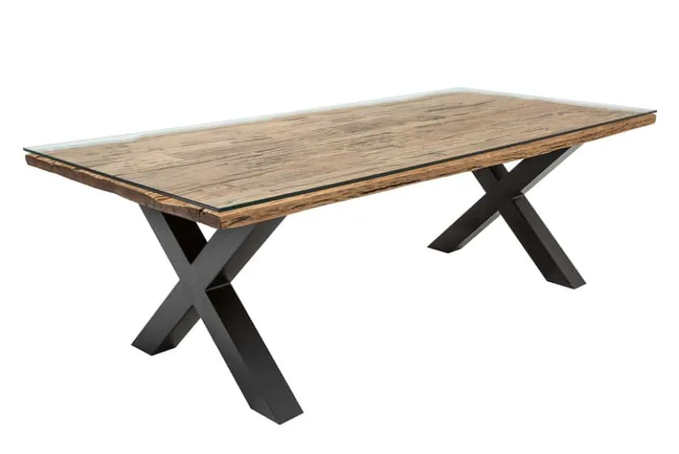 Massivholz Esstisch BARRACUDA 220cm natur Teak schwarz Metall X-Gestell inkl. Glasplatte