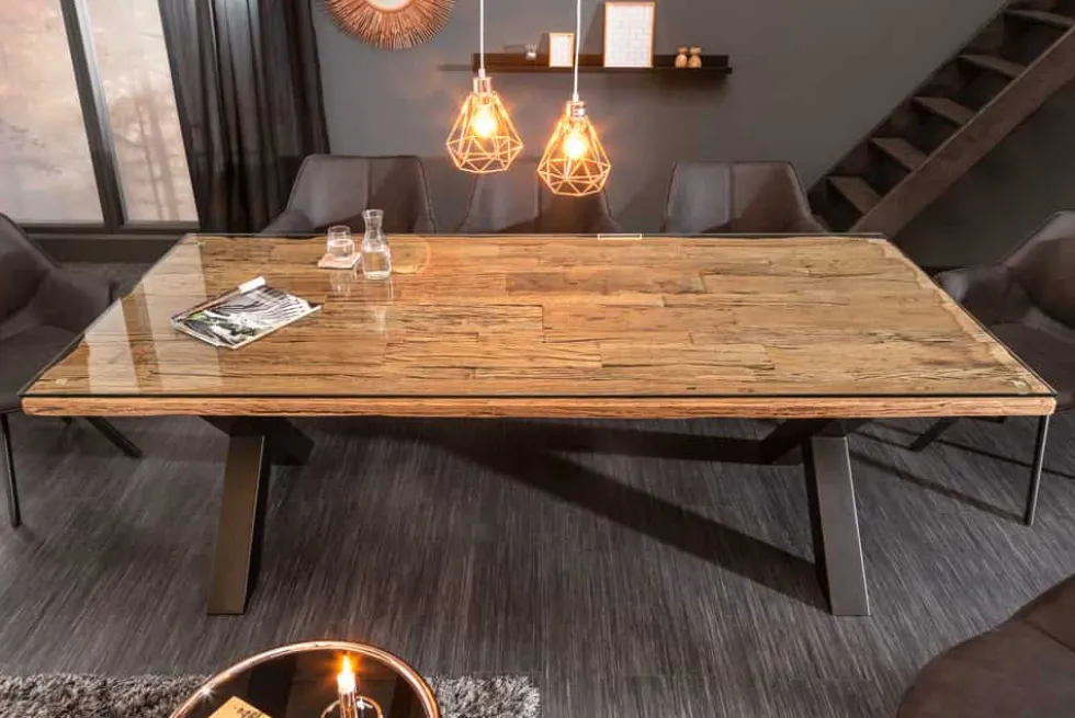 Massivholz Esstisch BARRACUDA 220cm natur Teak schwarz Metall X-Gestell inkl. Glasplatte