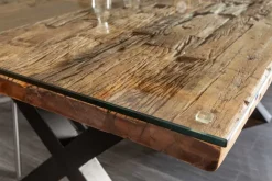 Massivholz Esstisch BARRACUDA 220cm natur Teak schwarz Metall X-Gestell inkl. Glasplatte