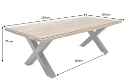 Massivholz Esstisch BARRACUDA 220cm natur Teak schwarz Metall X-Gestell inkl. Glasplatte