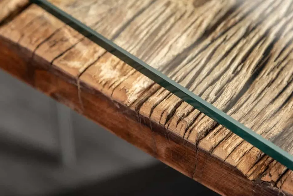 Massivholz Esstisch BARRACUDA 220cm natur Teak schwarz Metall X-Gestell inkl. Glasplatte