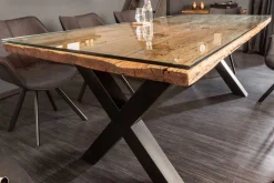 Massivholz Esstisch BARRACUDA 220cm natur Teak schwarz Metall X-Gestell inkl. Glasplatte