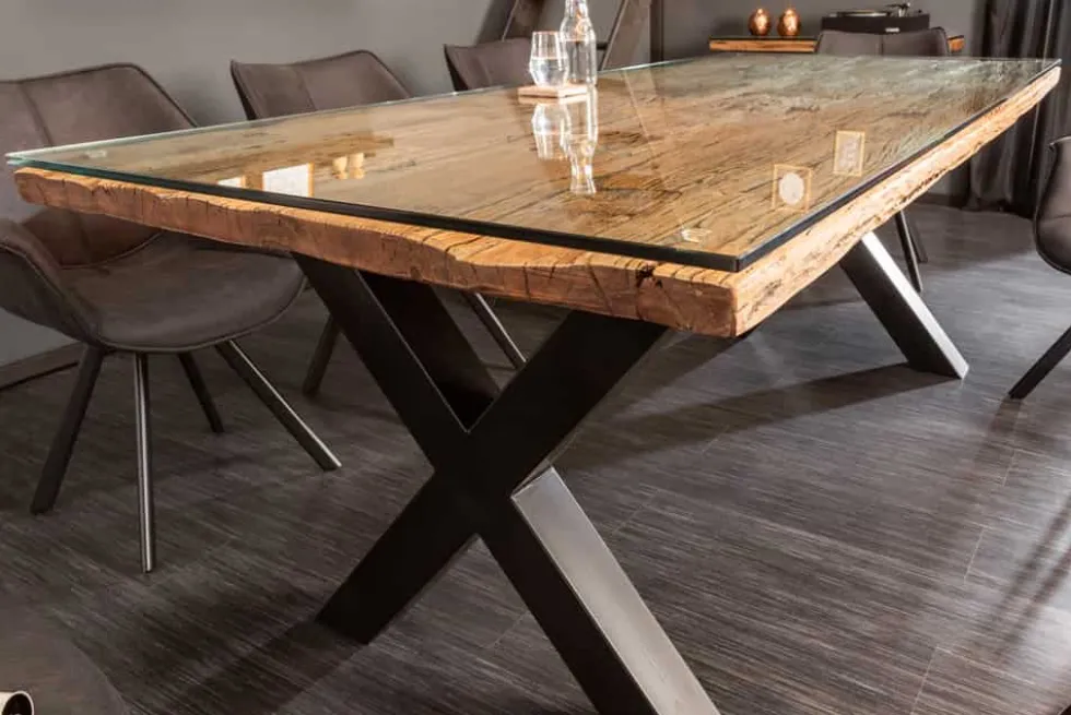 Massivholz Esstisch BARRACUDA 220cm natur Teak schwarz Metall X-Gestell inkl. Glasplatte