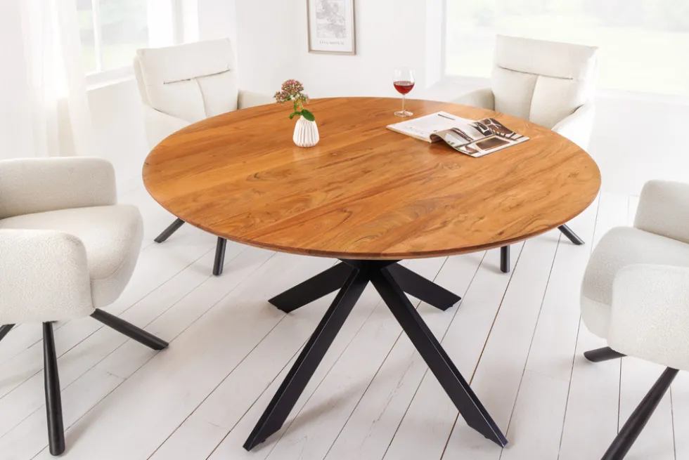 Massivholz Esstisch GALAXIE 130cm rund Akazie natur schwarzes Metallgestell