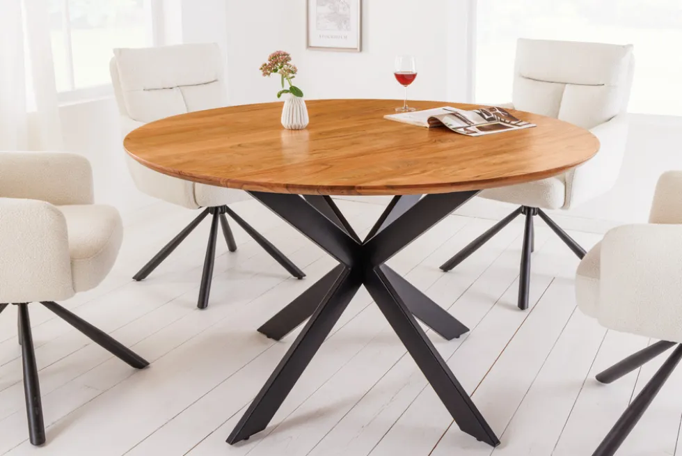 Massivholz Esstisch GALAXIE 130cm rund Akazie natur schwarzes Metallgestell
