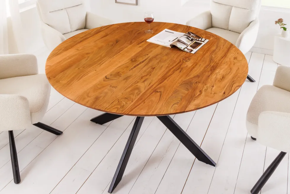 Massivholz Esstisch GALAXIE 130cm rund Akazie natur schwarzes Metallgestell