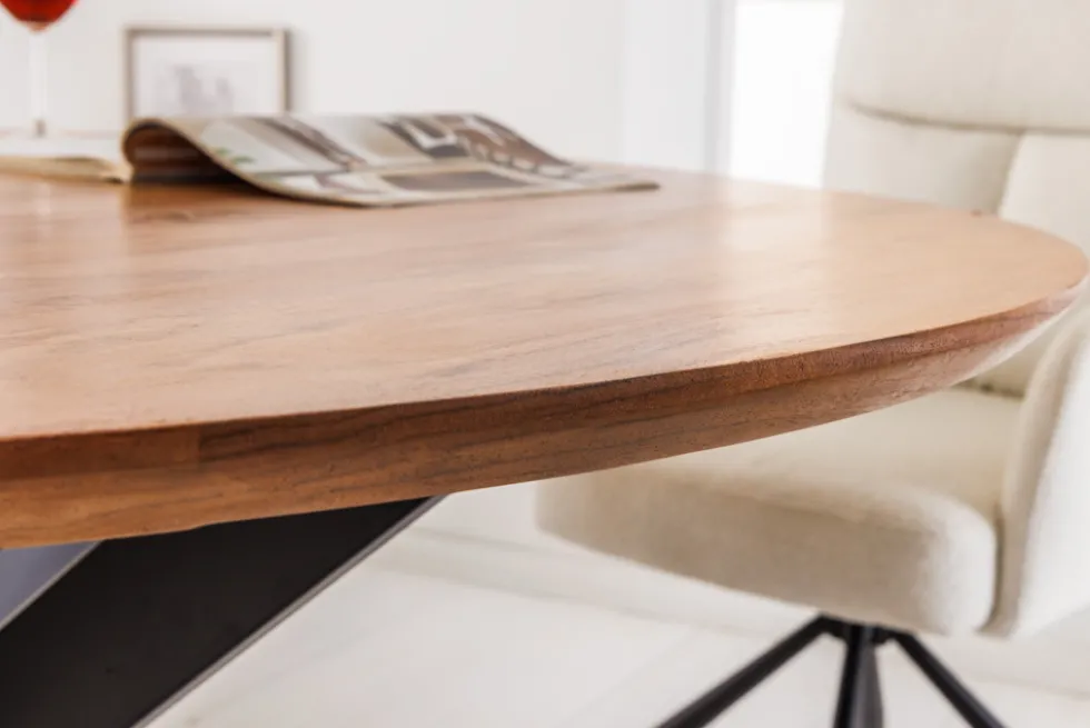 Massivholz Esstisch GALAXIE 130cm rund Akazie natur schwarzes Metallgestell