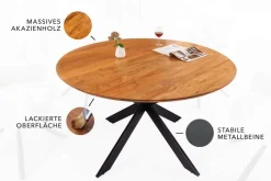 Massivholz Esstisch GALAXIE 130cm rund Akazie natur schwarzes Metallgestell