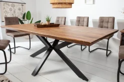 Massivholz Esstisch GALAXIE 180cm braun Sheesham stone finish Sterngestell Metall