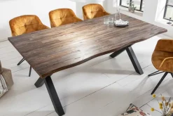 Massivholz Esstisch GENESIS VINTAGE 160cm braun Akazie schwarzes X-Gestell Baumkante