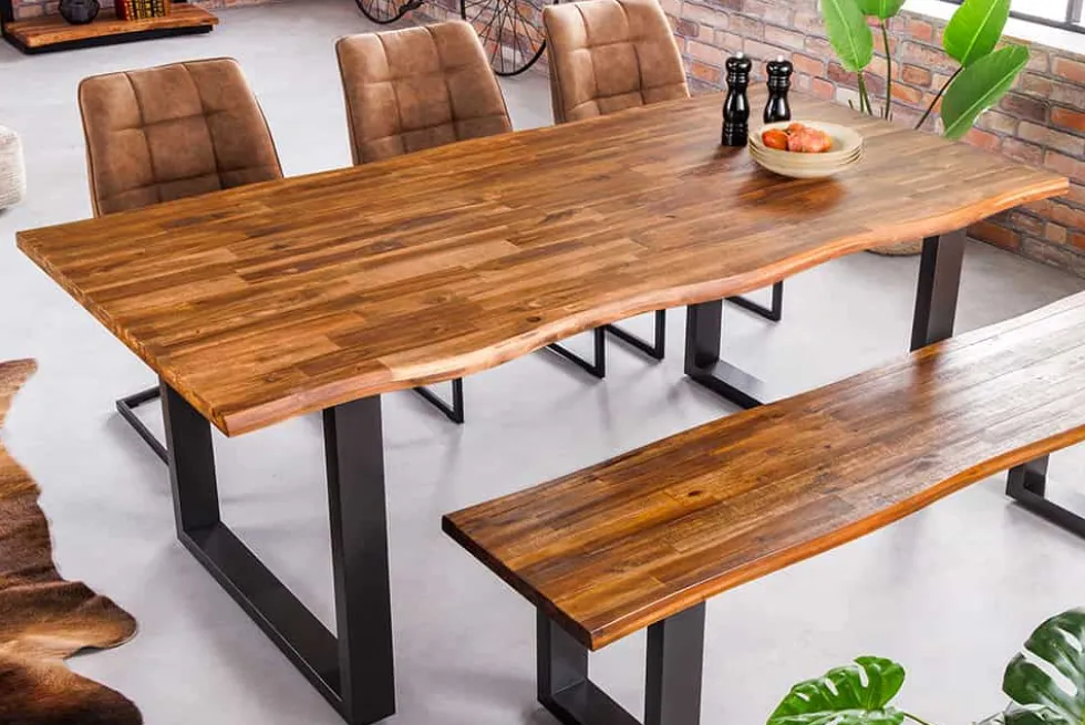 Massivholz Esstisch GENESIS 160cm natur anthrazit Akazie Baumkante Industrial Design